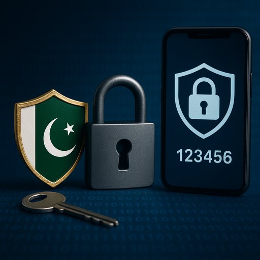 Feature image highlighting security badges, account protection, and two-factor-like visuals; it communicates a strong focus on data protection for users in Pakistan.