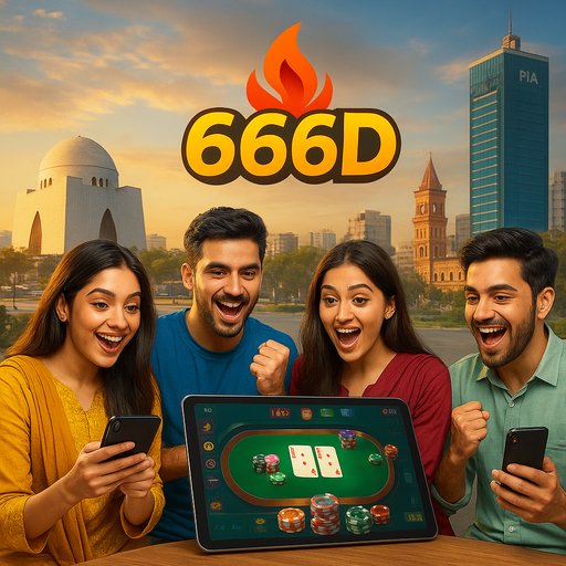 A vibrant banner for 666D online gaming showing the brand logo, a dynamic gaming interface, and excited players in a modern Pakistani city setting (Karachi) with bright colors and energetic mood. The scene conveys entertainment, security, and local gaming culture.