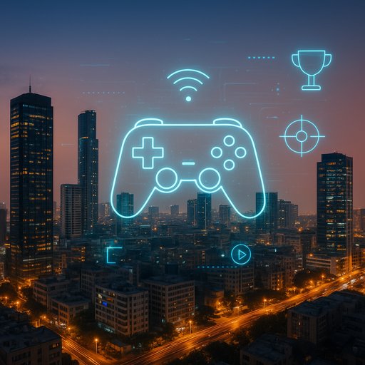Evening skyline of Karachi with modern buildings and a digital overlay, reflecting a thriving gaming community in Pakistan. The image conveys urban energy and a professional brand suitable for trusted online gaming.