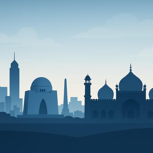 Pakistan gaming city illustration showing Karachi and Lahore silhouettes with a calm, professional vibe. This image conveys the regional gaming landscape in Pakistan. The scene emphasizes trust and local relevance for players in Karachi and Lahore.