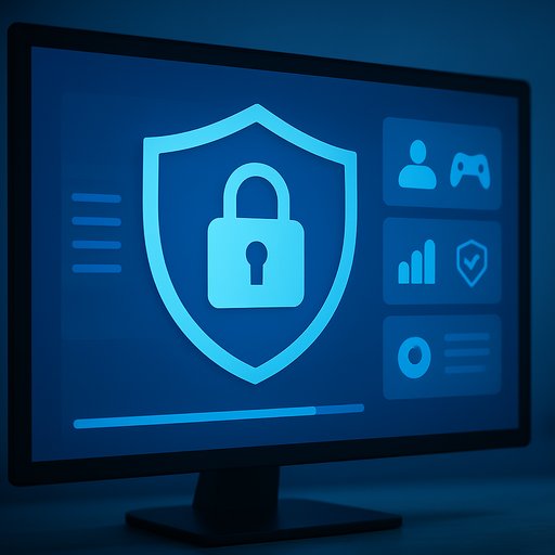 A secure dashboard illustration emphasizing data privacy with bold blue tones and 666D branding, conveying trust and privacy for online gamers. The mood is calm, professional, and trustworthy.